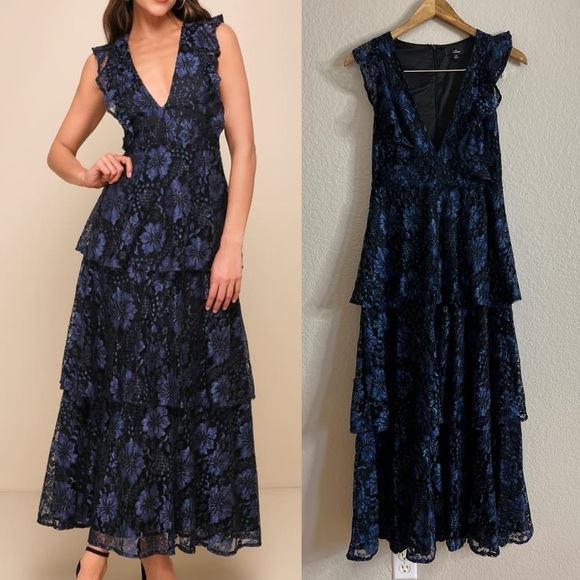 Lulus Dresses & Skirts - Molinetto Navy Blue Lace Ruffled Tiered Sleeveless Maxi Dress
